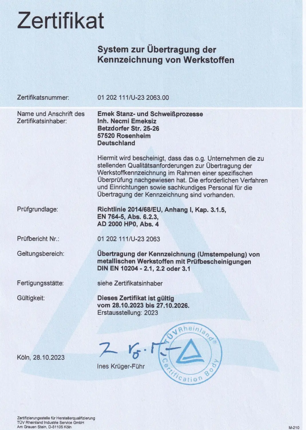 Zertifizierung durch Emek Stanz- & Schweißprozesse