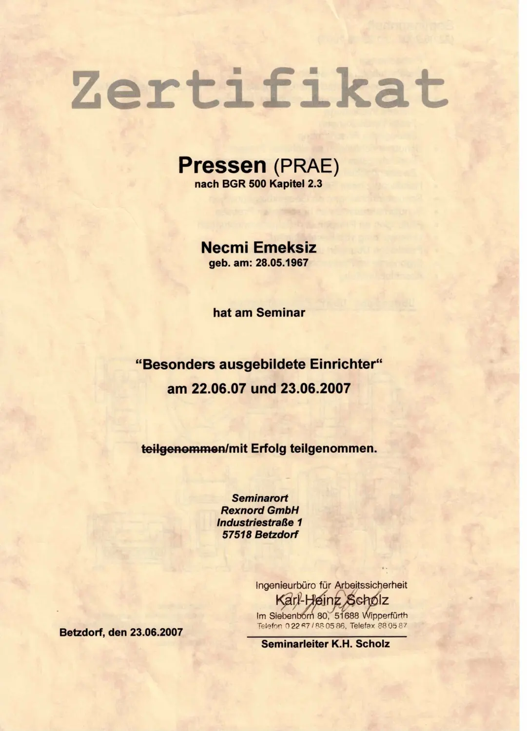 Zertifizierung durch Emek Stanz- & Schweißprozesse
