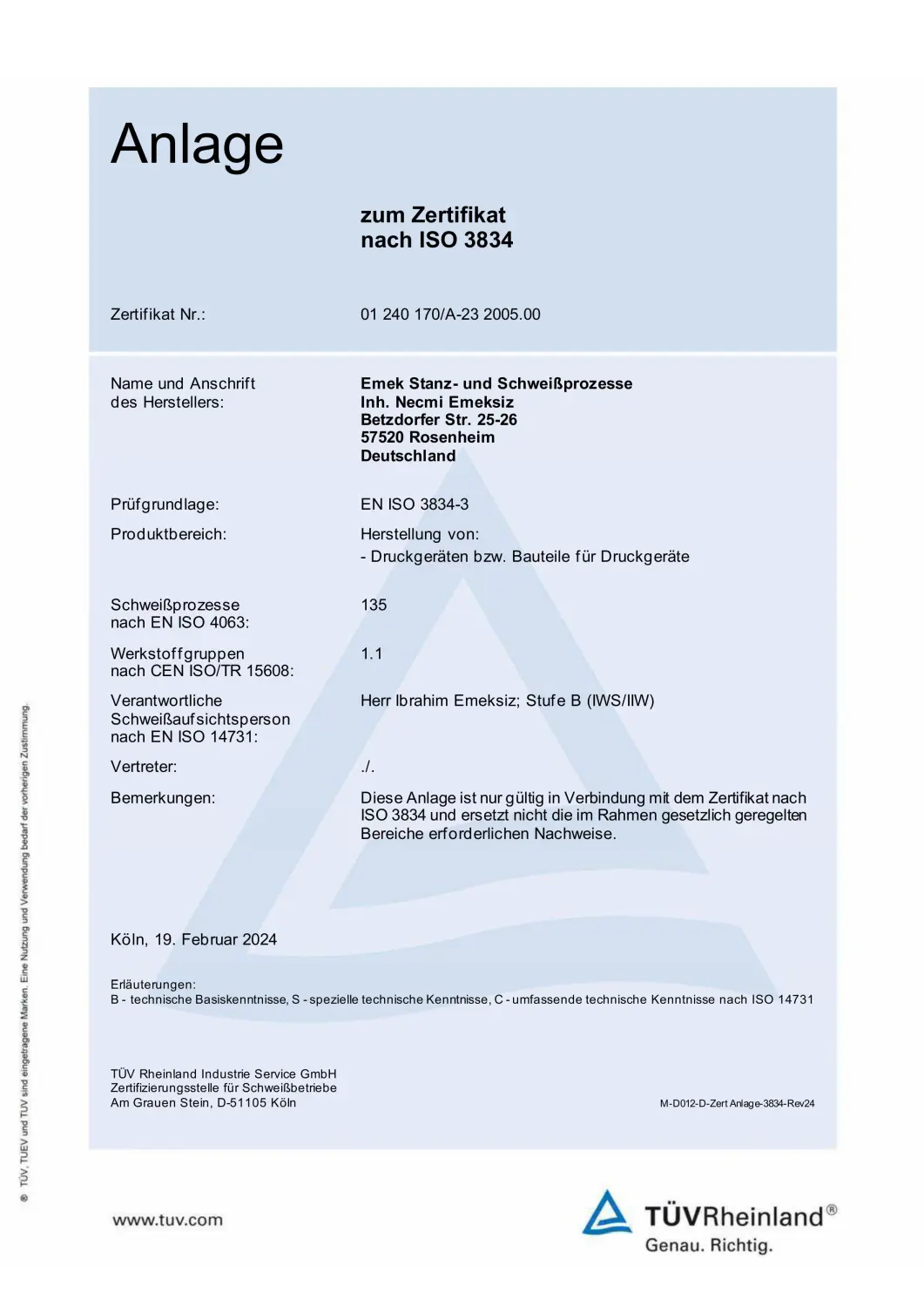 Zertifizierung durch Emek Stanz- & Schweißprozesse